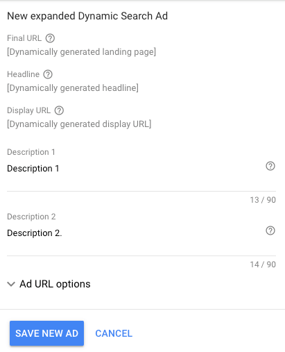 New Expanded Dynamic Search Ad - Google Ads creator