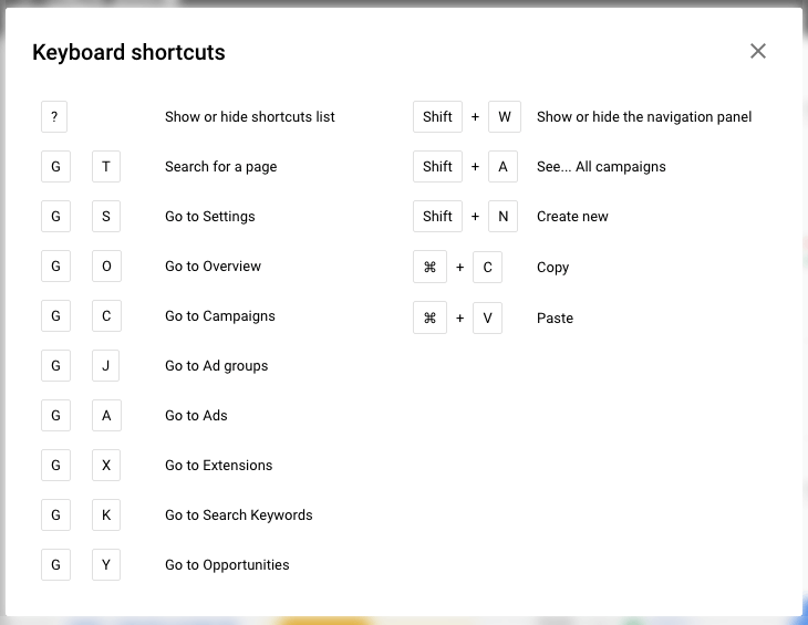 Google AdWords keyboard shortcuts