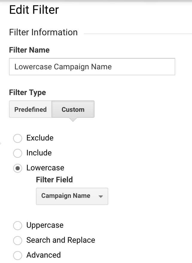 lowercase campaign name filter in Google Analytics